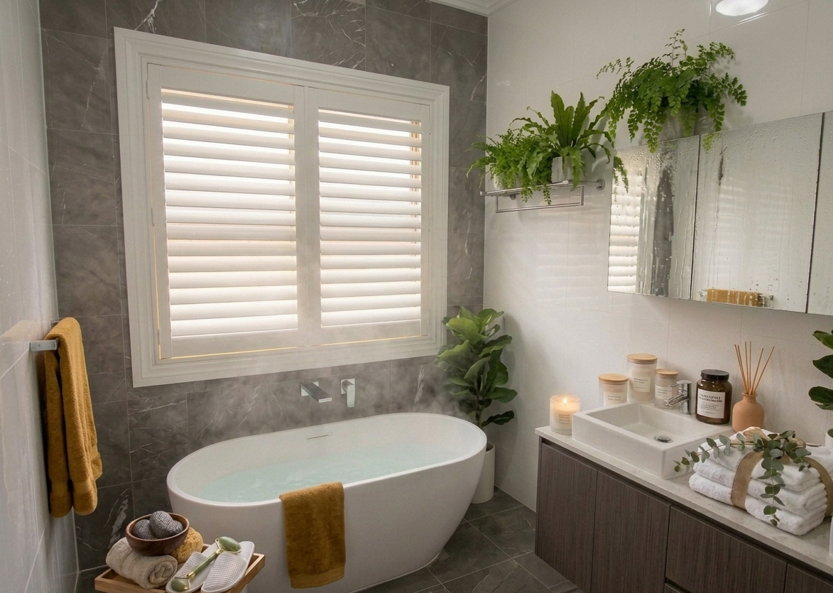 Home 5 steamy bathroom with shutters
